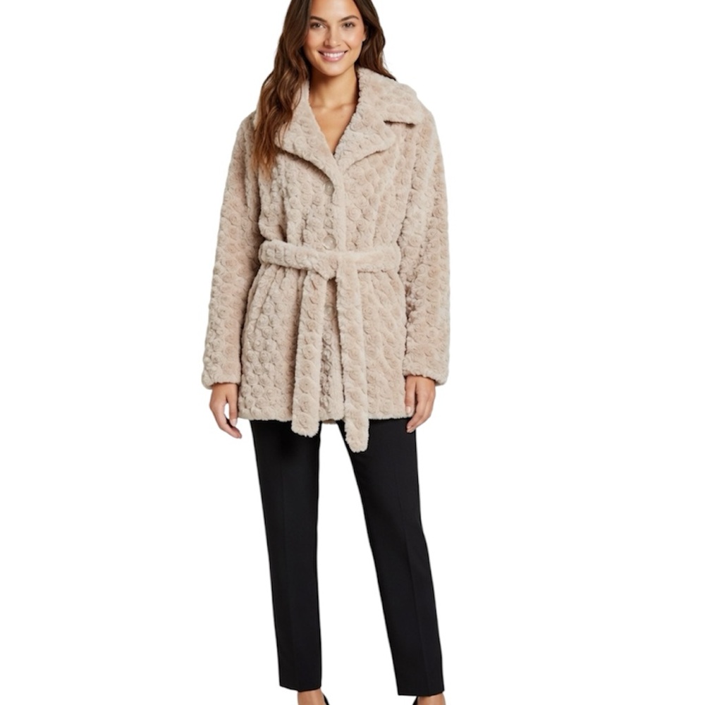 SISTERS Faux Fur Rosette Beige Belted Coat